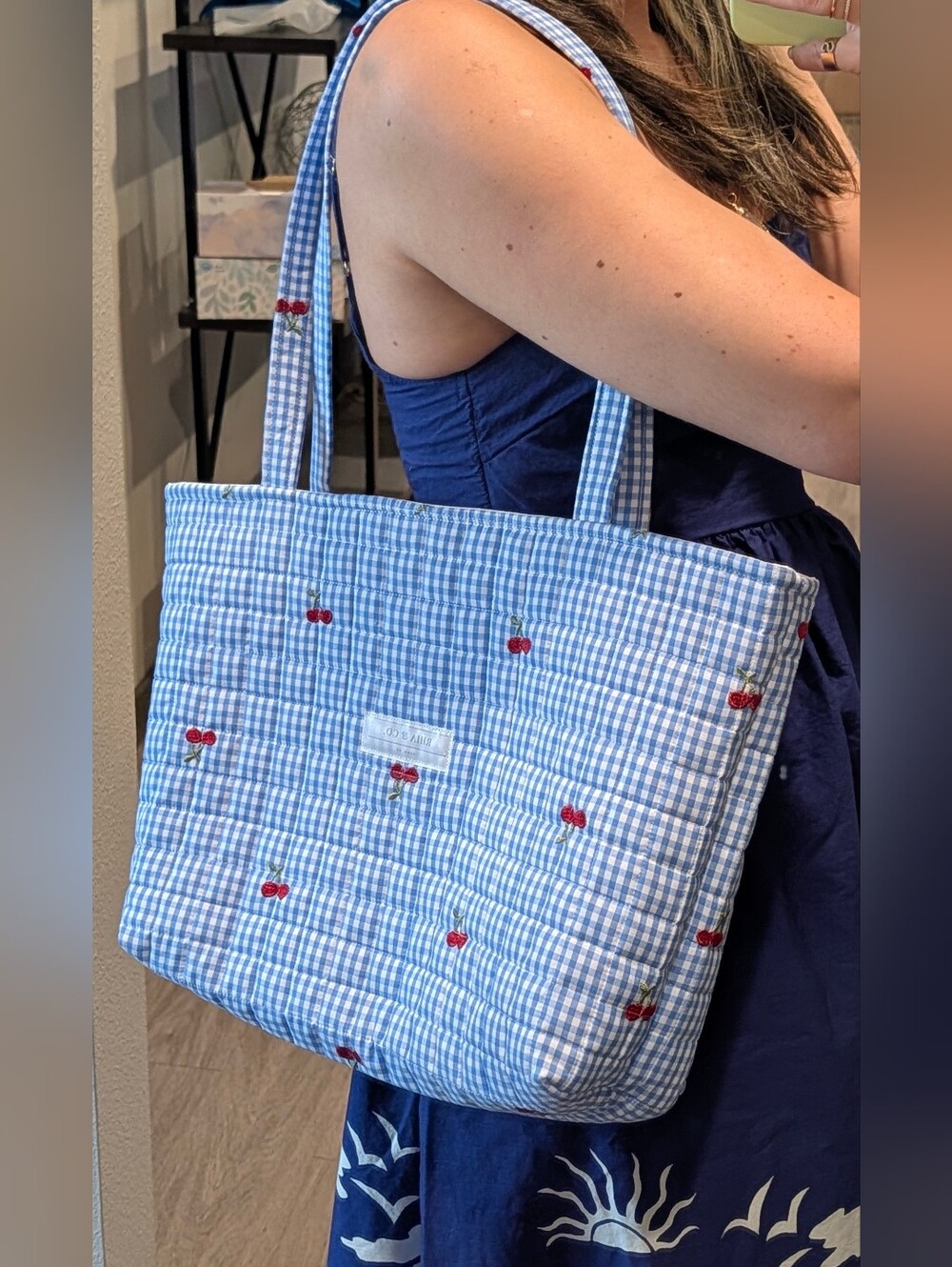 Blue Gingham Cherry Tote Bag by